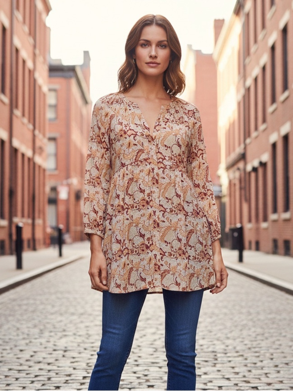 MELLODAY Beige and Red Floral Tunic